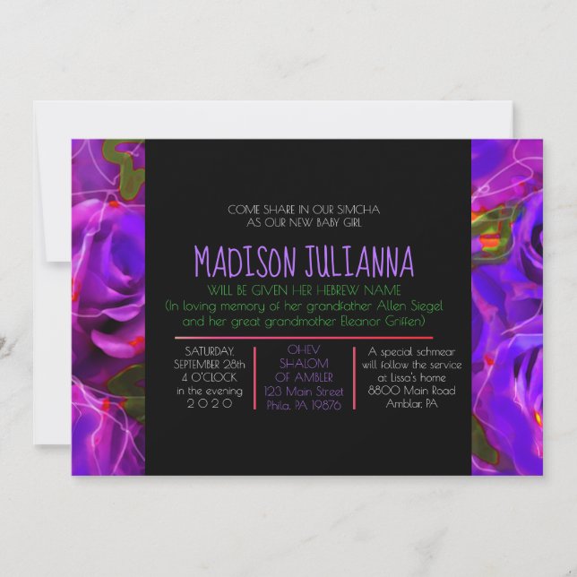 Invitation WATERCOLOR ROSES NEON Jewish Baby Naming (Devant)