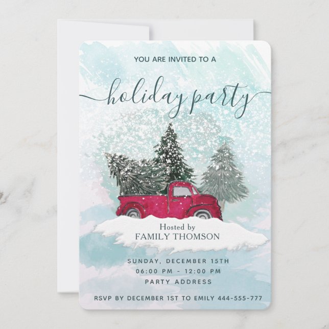 Invitation Watercolor rouge camion hiver fête (Devant)