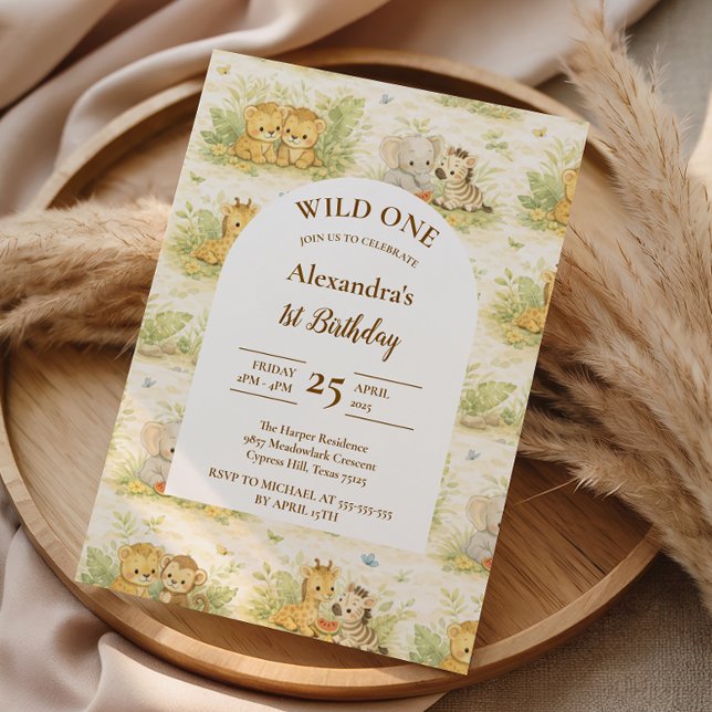 Invitation Watercolor Safari Animals First Birthday (Créateur téléchargé)