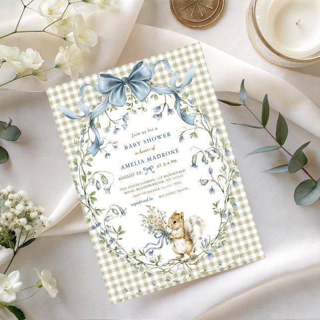 Invitation Watercolor Sage Gingham Squirrel Baby Shower (Créateur téléchargé)