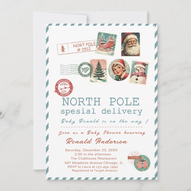 Invitation Watercolor Santa BabyNorth pole Baby Shower mom-to (Devant)