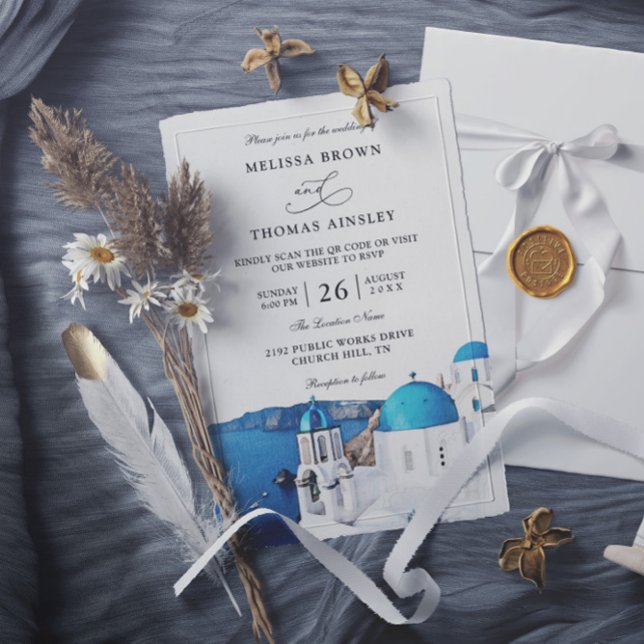 Invitation Watercolor Santorini Greece Budget QR Code Wedding (Créateur téléchargé)