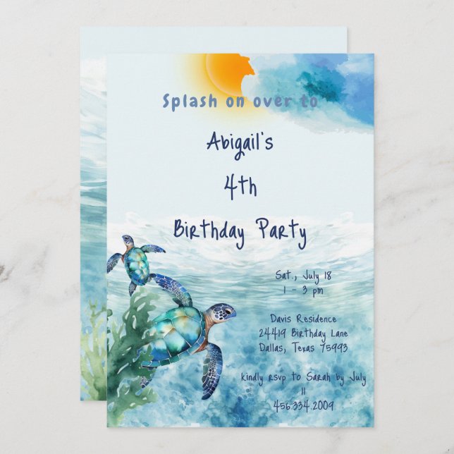 Invitation Watercolor Sea Turtle Fête d'anniversaire de l'enf (Devant / Derrière)