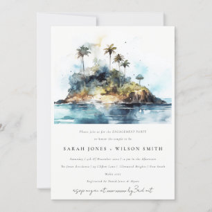Invitation Watercolor Seascape Palm Tree Island Fiançailles
