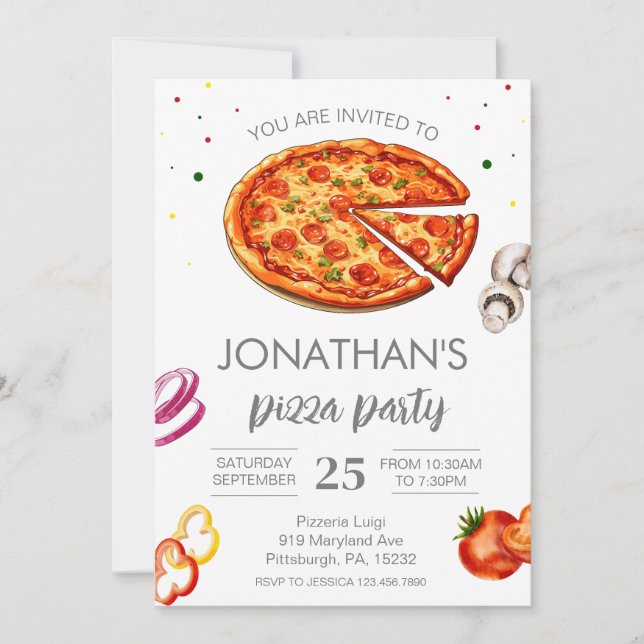 Invitation Watercolor Slice Enfants Pizza fête Anniversaire (Devant)