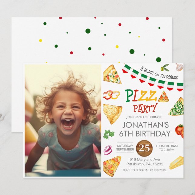Invitation Watercolor Slice Enfants Pizza Party Anniversaire  (Devant / Derrière)