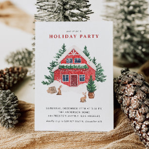 Invitation Watercolor Snowy Red Cottage Fête d'hiver