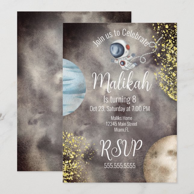 Invitation Watercolor Space Galaxy Planet Sky Anniversaire (Devant / Derrière)
