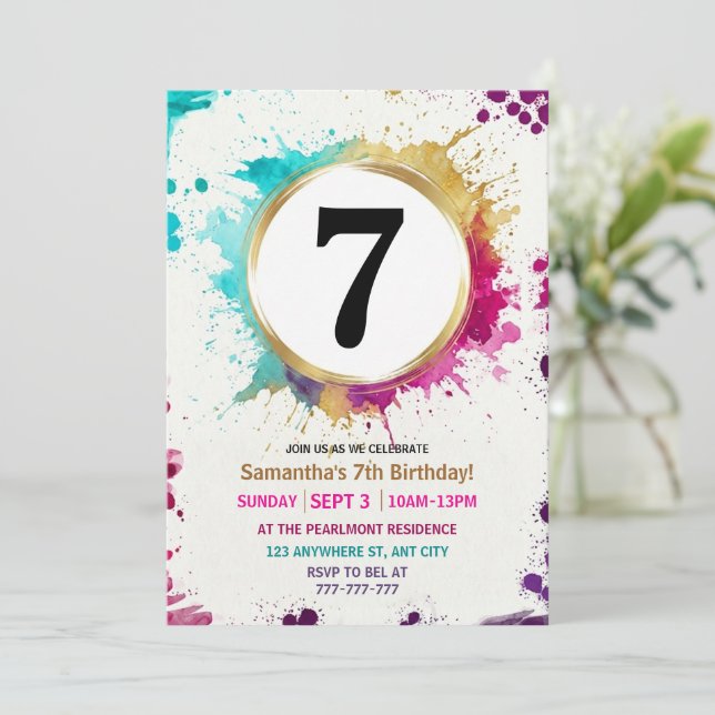 Invitation Watercolor Splash Boy 7th Birthday Party (Debout devant)