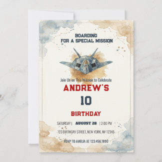 Invitation Watercolor Stealth Jet Fighter Birthday
