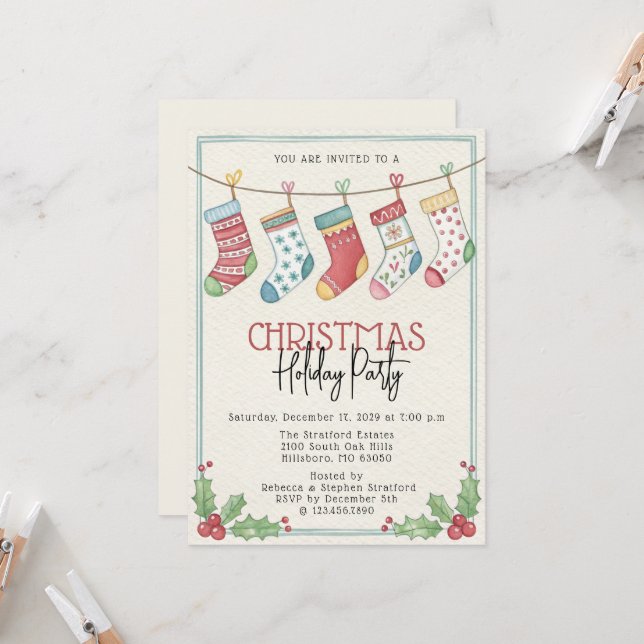 Invitation Watercolor Stockings Fête de Noël (Devant/Arrière en situation)