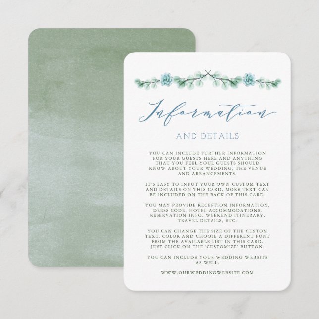 Invitation Watercolor Succulents Garden Wedding Info Card (Devant / Derrière)