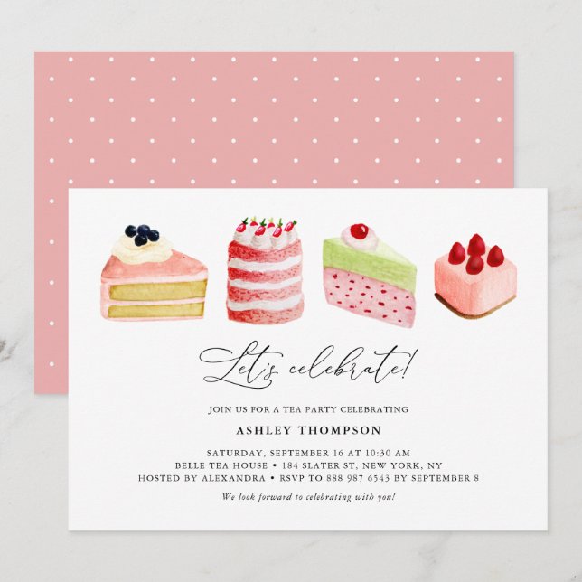 Invitation Watercolor Sweet Cakes Tea Party Brunch (Devant / Derrière)