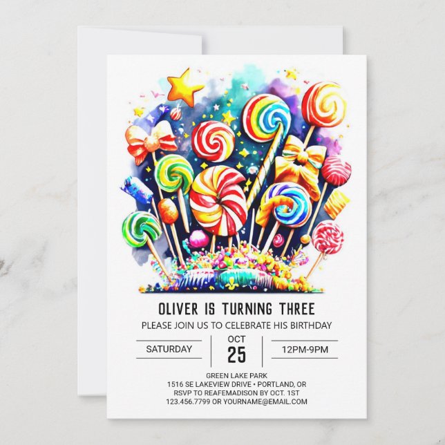 Invitation Watercolor Sweet Lollipop Anniversaire (Devant)