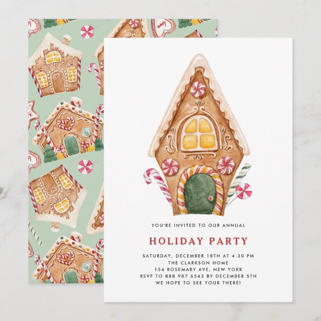 Invitation Watercolor Tall Gingpain Maison Fête (Devant / Derrière)