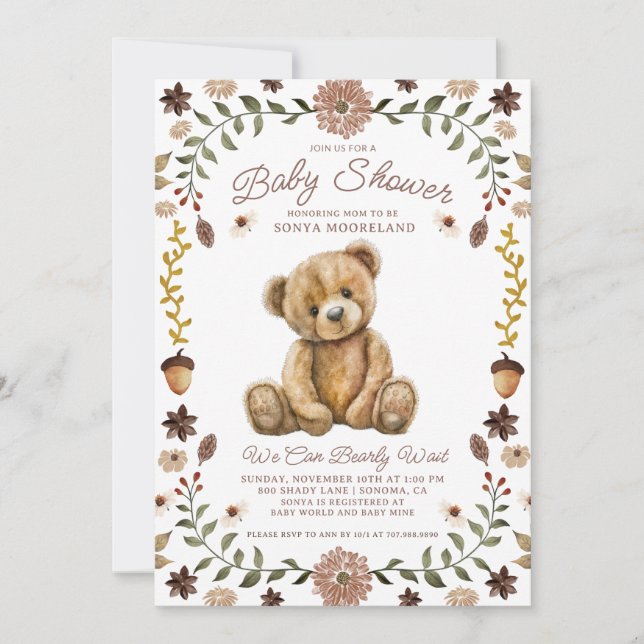 Invitation Watercolor Teddy Bear Baby Shower (Devant)