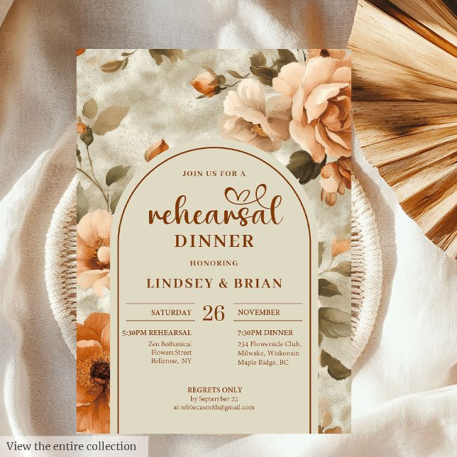 Invitation Watercolor Terracotta Floral Wedding Rehearsal (Watercolor Terracotta Olive Floral Wedding Rehearsal Invitation)