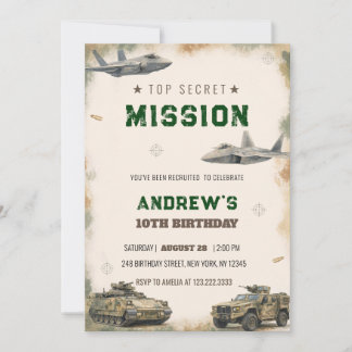 Invitation Watercolor Top Secret Military Mission Birthday