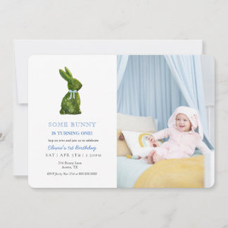 Invitation Watercolor Topiary Rabbit Baby boy Photo birthday