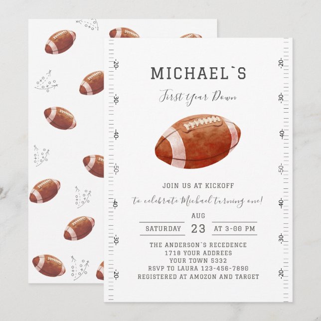 Invitation Watercolor touchdowns american football baby showe (Devant / Derrière)