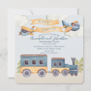 Invitation Watercolor Train et avions Baby Boy Blue
