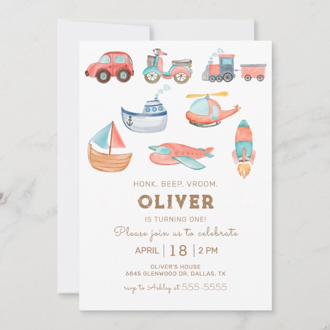Invitation Watercolor Transportation Boy fête d'anniversaire (Devant)