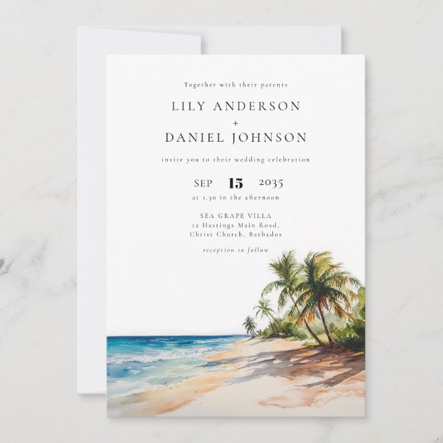 Invitation Watercolor Tropical Beach QR Code Mariage (Devant)