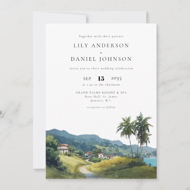 Invitation Watercolor Tropical Caribbean QR Code Wedding (Devant)