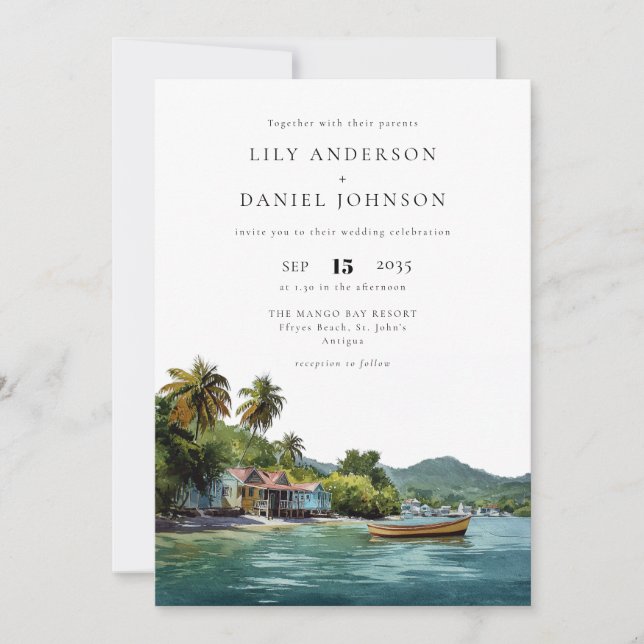 Invitation Watercolor Tropical Caribbean QR Code Wedding (Devant)