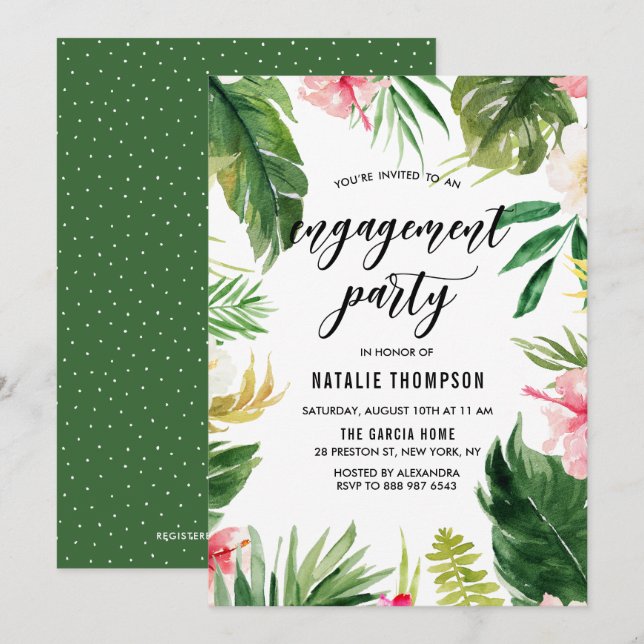 Invitation Watercolor Tropical Floral Frame Engagement (Devant / Derrière)
