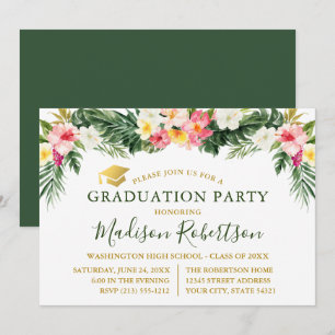 Invitation Watercolor Tropical Floral Gold Graduation Party