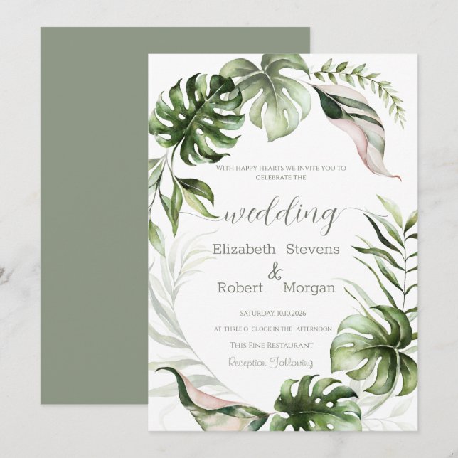 Invitation Watercolor Tropical Leaves Greenery  Wedding (Devant / Derrière)