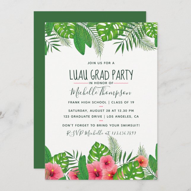Invitation Watercolor tropical Luau Graduation Party (Devant / Derrière)