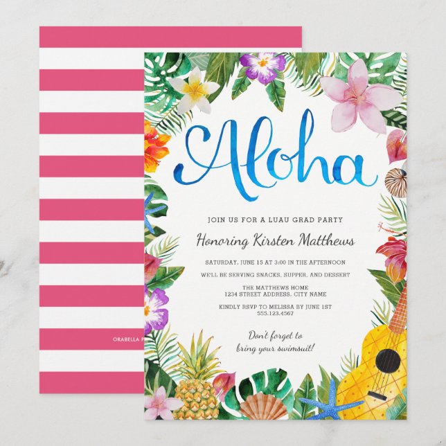 Invitation Watercolor Tropical Luau Graduation Party Invitati (Devant / Derrière)