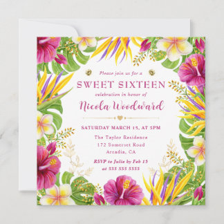 Invitation Watercolor Tropical Summer Flowers Frame Sweet 16