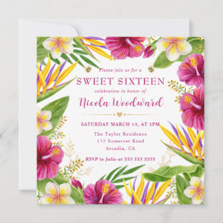 Invitation Watercolor Tropical Summer Flowers Frame Sweet 16