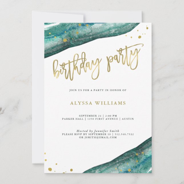 Invitation Watercolor Turquoise et Gold Geode fête d'annivers (Devant)