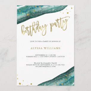 Invitation Watercolor Turquoise et Gold Geode fête d'annivers