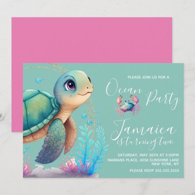 Invitation Watercolor Turtle Ocean Beach Fête d'anniversaire (Devant / Derrière)