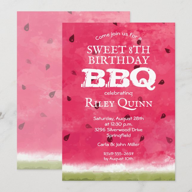 Invitation Watercolor Watermelon fête d'anniversaire (Devant / Derrière)