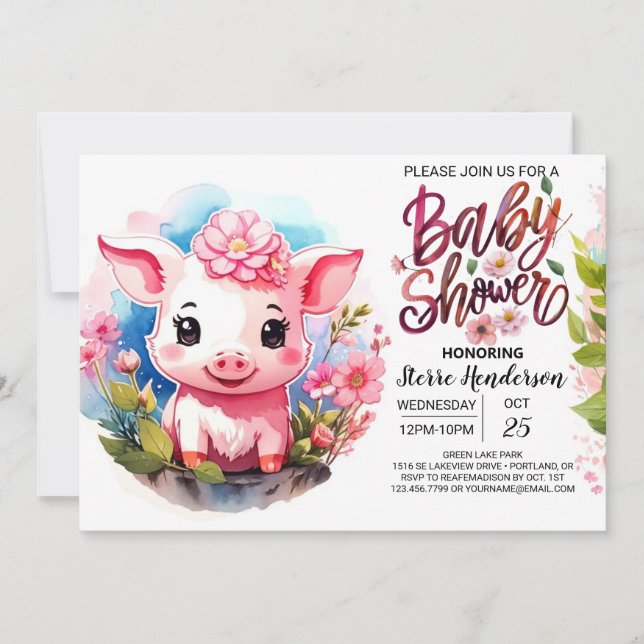 Invitation Watercolor Whispers Farm Pig Baby shower (Devant)