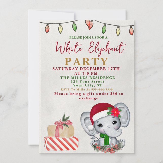 Invitation Watercolor White Elephant Gift Exchange Party (Devant)