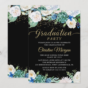 Invitation Watercolor White Floral Botanical Graduical Party