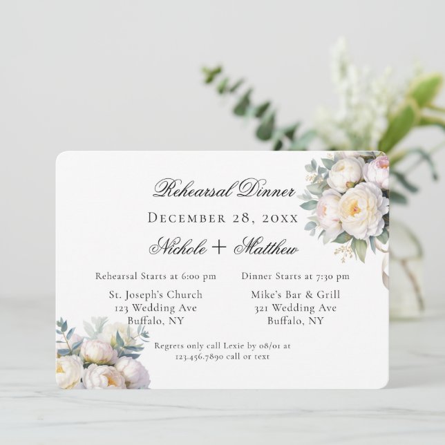 Invitation Watercolor White Peonies Wedding Rehearsal Dinner (Debout devant)
