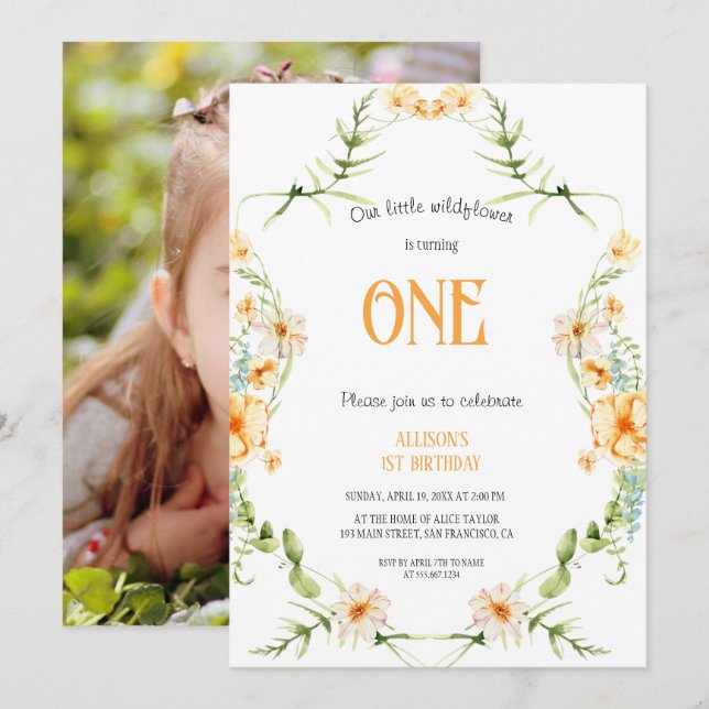 Invitation Watercolor Wildflower 1st Birthday Mauve Girl  (Devant / Derrière)