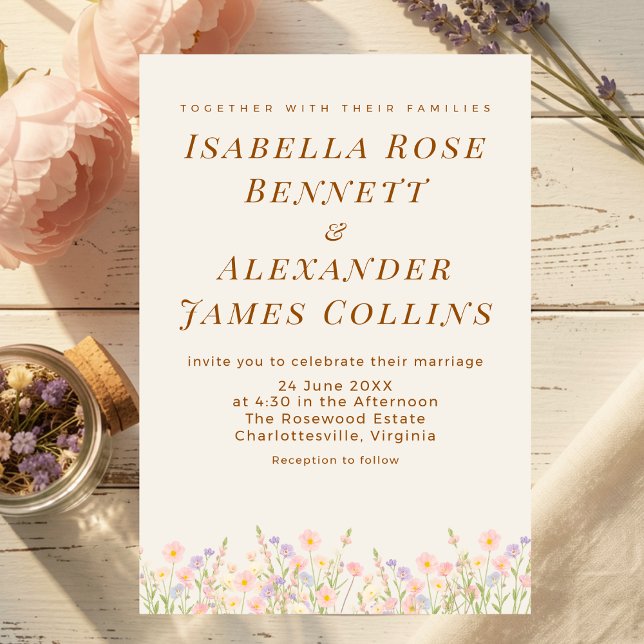 Invitation Watercolor Wildflower Meadow Pastel Botanical  (A sun-kissed meadow of soft pastel wildflowers anchors the bottom of this dreamy invitation.)