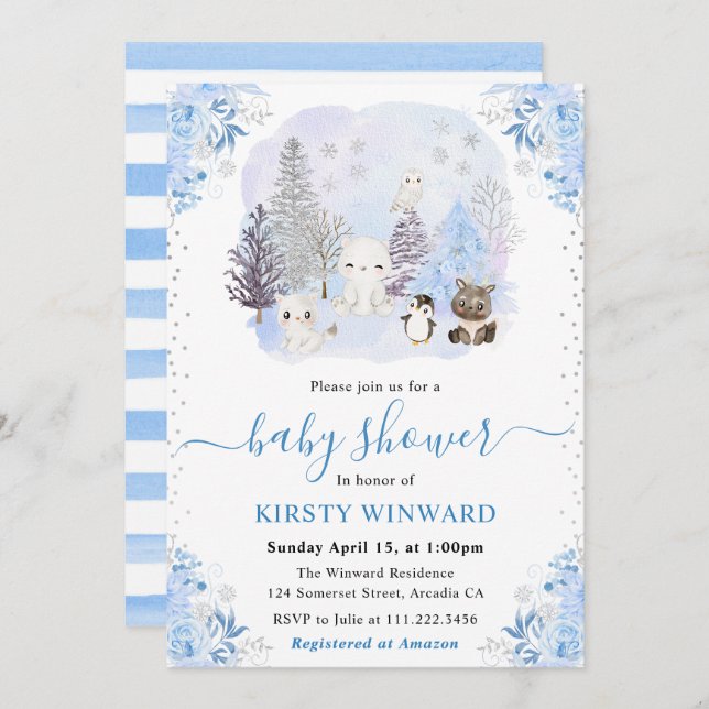 Invitation Watercolor Winter Arctic Animals Baby Shower (Devant / Derrière)