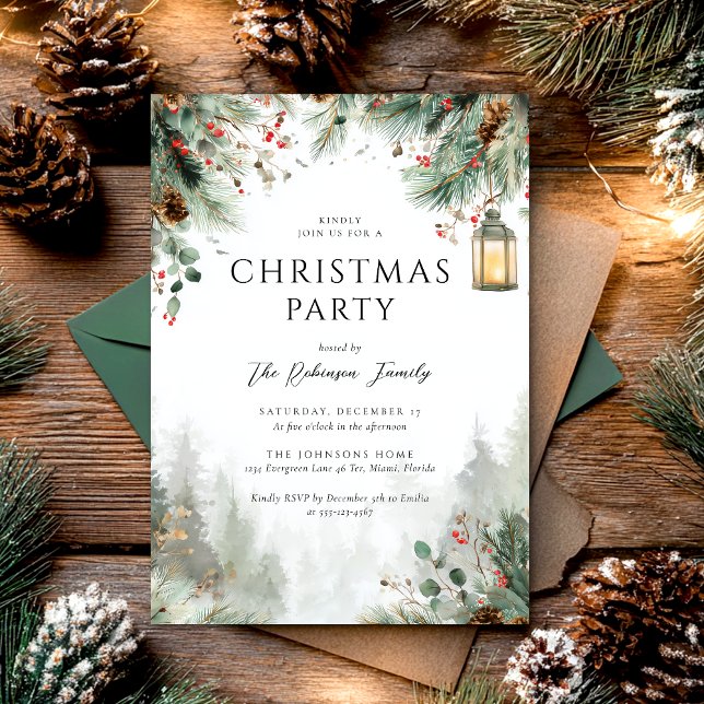 Invitation Watercolor Winter Christmas Party Greenery  (Créateur téléchargé)