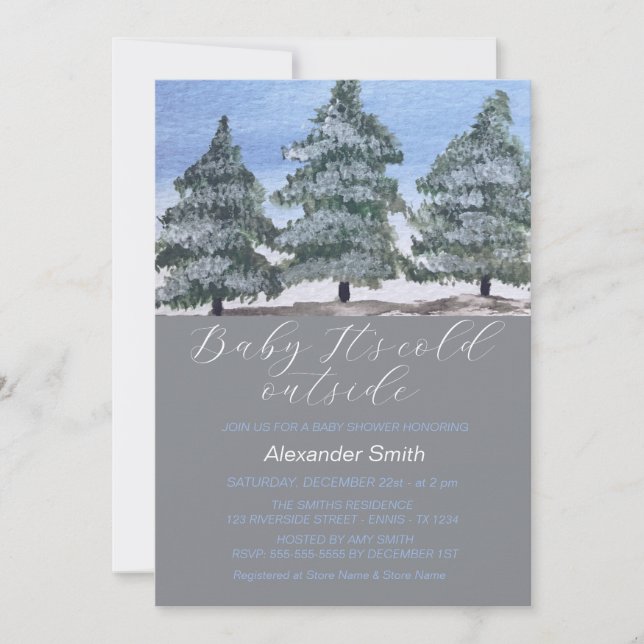 Invitation Watercolor Winter Tree Forest Boy Baby shower (Devant)