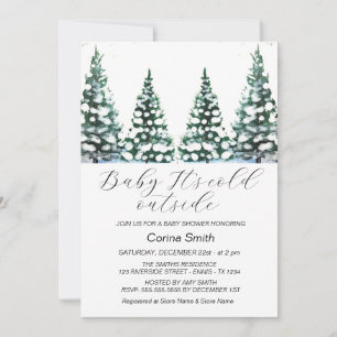 Invitation Watercolor Winter Tree Forest Girl Baby shower